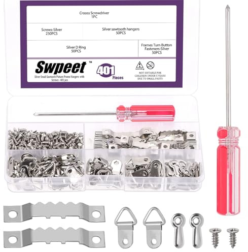 Swpeet 401Pcs Kit de colgadores de cuadros plateados, que incluye colgadores de cuadros de dientes de sierra de metal de doble agujero y marcos de cuadros, botón giratorio y colgador de marco de