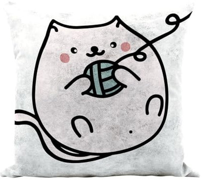 Fabulous Kissen aus Kunstleder, weiß, Katze, Wollknäuel, niedliches Design, Kawai – 40 x 40 cm – Leder-Haptik – Bezug und Kissen inklusive