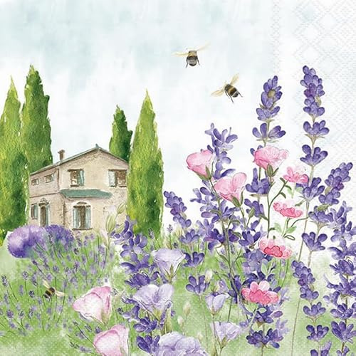 20 Servietten Blumen Lavendelwiese vor Haus als Tischdeko. Papierservietten mit Motiv. Auch für Decoupage und Serviettentechnik 33x33cm