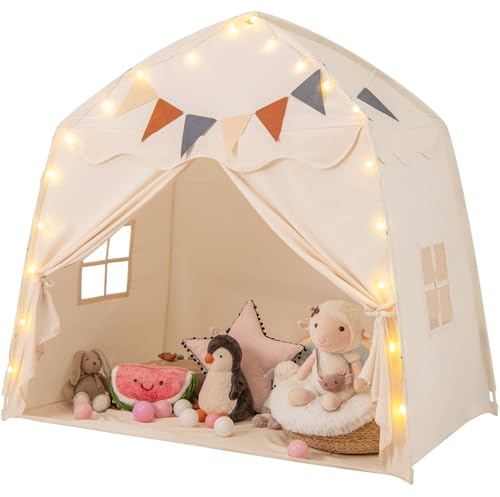 GYMAX Large Kids Tent, Toddler Play Tent with Flags and Globe String Lights, Outdoor Indoor Children Playhouse for 3-12 Years Old, 157x98x148cm (Beige)