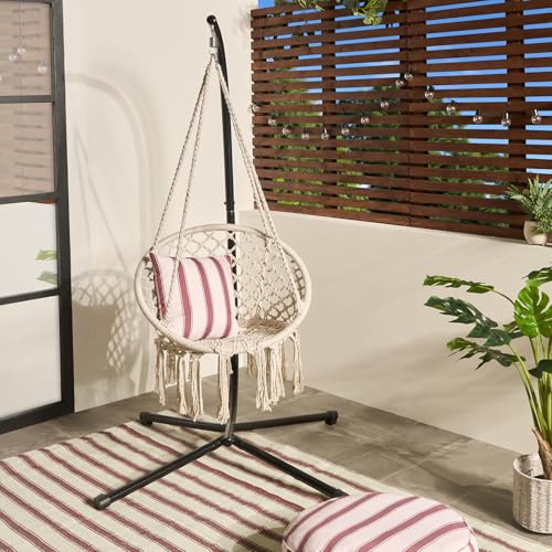 OHS Macrame Knotted Egg Chair, Swing Chair with Stand for Bedroom Patio Balcony Garden Furniture Hanging Egg Chair Comfy Relaxing Garden Swing Outdoor Indoor Use, Cream