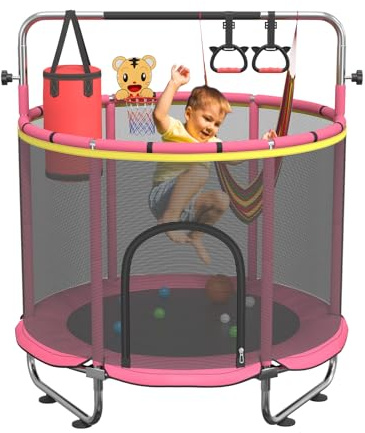 60 Trampoline for Kids, 500lbs Capacity Indoor Outdoor Toddler Trampoline with Adjustable Gymnastics Bar, Gifts for Boy Girl Age 1-8 (Pink)