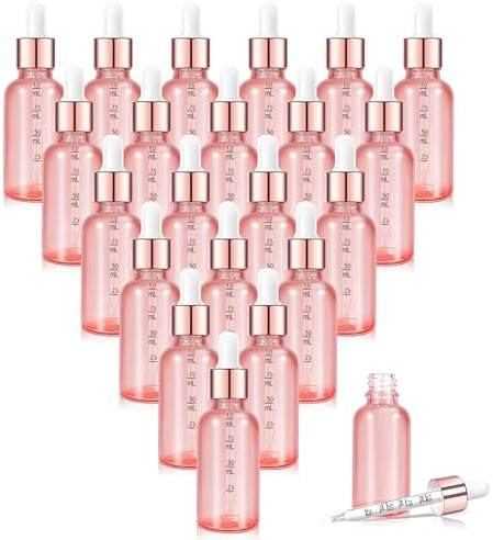 Lot de 20 flacons compte-gouttes 50 ml en verre rose avec pipette graduée, étiquettes et accessoires – pour liquides, parfums, huiles, mélanges DIY, aromathérapie
