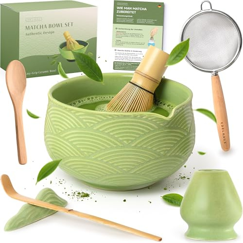 EDELHAUS Matcha Set 7-teilig Grün, Matcha Schale mit Besen und Sieb | Alles für die Matcha Zeremonie in einem Set – Matcha Schale aus Keramik mit Ausgießer, Bambusbesen und Halter