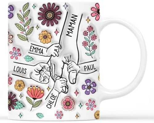 Cadeau Plus Mug Personnalisé Prénom - Mamie Maman Tenant Les Mains - Cadeau Mamie, Tasse Personnalisée Maman, Cadeaux pour maman, Mug grand mere (Modèle 10)