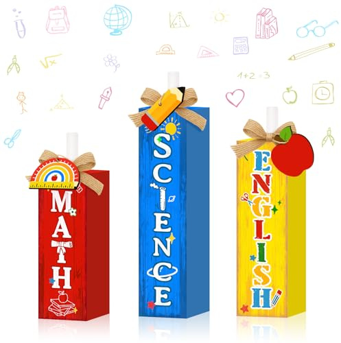 TOMPOP 3 Pcs Back to School Decor Wooden Tiered Tray Signs, Rustic Firework Math English Science Table Decor First Day of School Tabletop Centerpiece for Classroom Teacher Desk Shelf Display