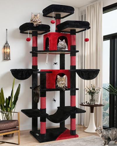 Globlazer klösträd, gotisk, svart, röd, stor, XXL, hög, 204 cm med 3 vadderade sittstänger, 2 katthus, 2 korgar, hängmatta, lyx kattträd, stabilt för stora katter, vila (F80, gotisk)