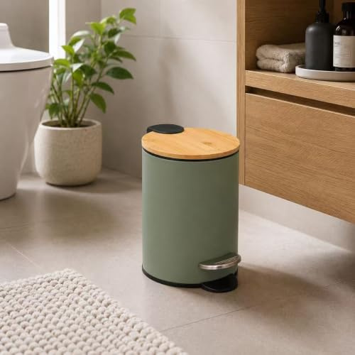DAMDAM GO Papelera de Baño 3L con Pedal, Tapa de Bambú Natural, Cierre Suave Silencioso, Cubo Interior Extraíble, Acero Antihuellas, Ideal para Baño, Cocina, Dormitorio y Oficina (Khaki)