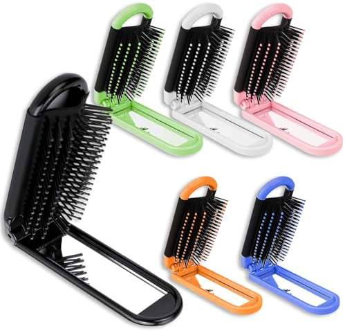 PASDUCHAS 6 PCS Folding Hair Brush Travel Size with Mirror, Portable Foldable Brush for Purse Women Girls