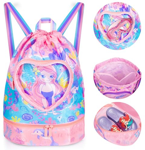 PinkSheep Swimming Bag for Kids, Gym Drawstring Backpack for Girls Boys - Waterproof Beach Bags with Shoes Compartment and Wet Proof Pocket for Swimming Pool Beach Travel School (Mermaid)