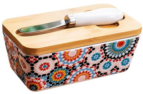 Butter Container Céramique Couverture en bois | 350 ml Récipient de stockage à vaisselle à huile jaune avec couteau | 14,8 cm Boîte de rangement au beurre de grande capacité avec couvercle étanche à l