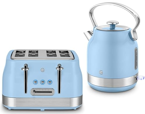 Swan Retro Revive Blue Traditional 1.7L 3KW Kettle & 4 Slice Toaster. Stovetop Inspired Design Kettle & Toaster Matching Retro Design Kitchen Electrical Set in Blue