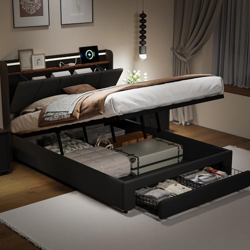 Bett 140 x 200 cm mit Lattenrost, LED und USB, Bett mit Stauraum und Kopfteil, Doppelbett mit Lattenrost, Doppelbett mit Lattenrost, Doppelbett, Schubladenbetten für Erwachsene und Jugendliche