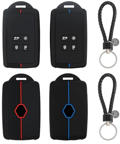2 STK Autoschlüssel Hülle Kompatibel mit Renault 4-Tasten Smartkey für Clio, Espace 5, Talisman, Megane, Dacia Duster, Silikon Schlüsselhülle mit 2 Schlüsselanhänger (Rot und Blau)