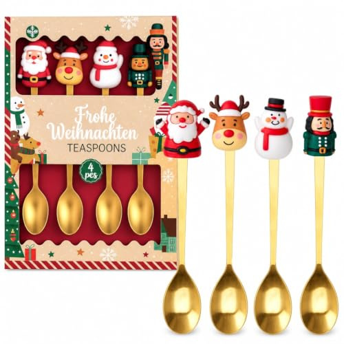 MIJOMA Cucchiaini da caffè Natale 4 pezzi – Cucchiaio festivo con renna, pupazzo di neve & Co. – Acciaio inossidabile oro – XMAS set regalo