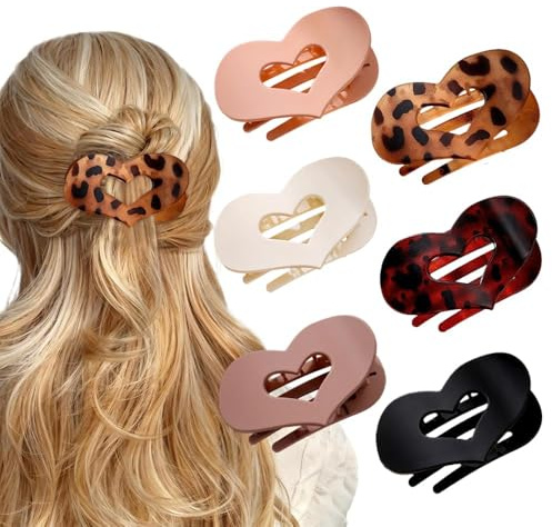 XFSRG 6er Set Niedliche Haarklammern Damen Herz-Design Haarspangen Flache Geschwungene Seitenspangen Elegante Haarclips für Alltag Party Urlaub (Mehrfarbig)