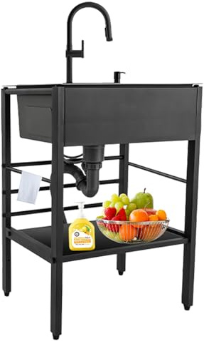 Meuble Evier Cuisine Autoportant,Lavabo avec Robinet et Support,Évier de Extérieur Jardin,Plonge Inox,pour Buanderie,Camping,Entrepôt,Restaurant(Robinet extractible noir - 75×45×86cm)