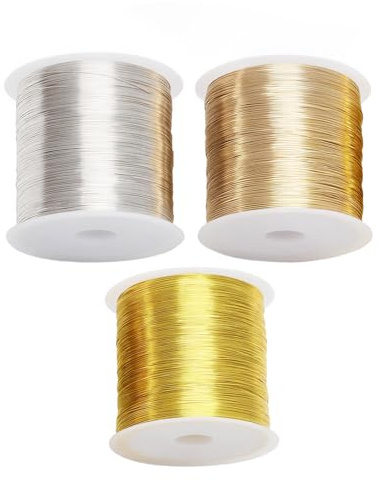 3 Stück schmuckdraht, basteldraht gold dünn 100m x 3 spule (0.3mm ø), silberdraht zum basteln kupferdraht für schmuckherstellung häkeln und perlenarbeiten leicht zu schneiden