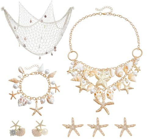 YAAYEELE 8 Stück Meerjungfrau Kostüm Accessoire, Muschel Seestern Schmuck, Beige Fischernetz mit Muscheln, Halskette Armband, Haarspangen, Ohrringe, Meerjungfrau Schmuck, für Karneval, Mottoparty