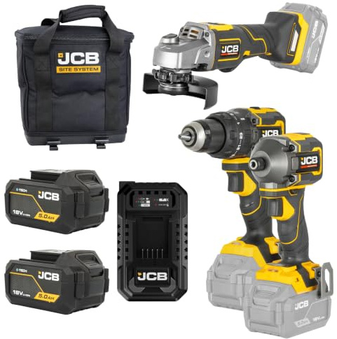 JCB Pro 18V 3-Piece Kit, 75Nm Combi Drill, 230Nm Impact Driver, 115mm Angle Grinder, 2X 5Ah Batteries, 4.5A Fast Charger & Tool Bag | JCB-18PKIT-7