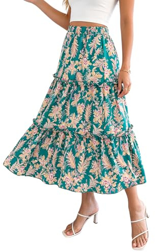 DOINEUFL Midi Skirts for Women UK Boho Floral Print High Elasticated Waist Tiered Ruffle Flowy Summer Skirts Ladies Gypsy Holiday Beach Skirt (UK, Alpha, XL, Regular, Regular, Green)