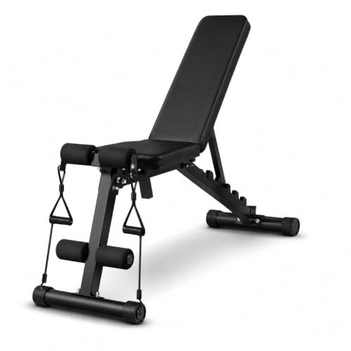 Banco de musculación plegable multifunción – Respaldo ajustable 7 posiciones, estructura triangular de acero, 2 bandas de resistencia incluidas – Banco fitness para casa
