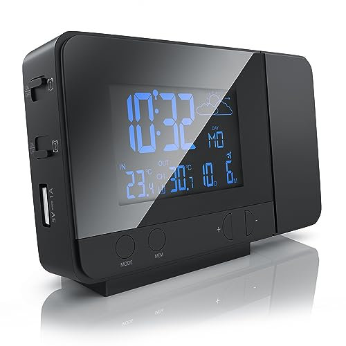 CSL - Funk Wetterstation mit Projektion inkl. Außensensor - sekundengenaue Uhrzeit durch DCF-Signal Funk-Uhr - USB-Ladefunktion - 8-Farbige RGB Hintergrundbeleuchtung - schwarz