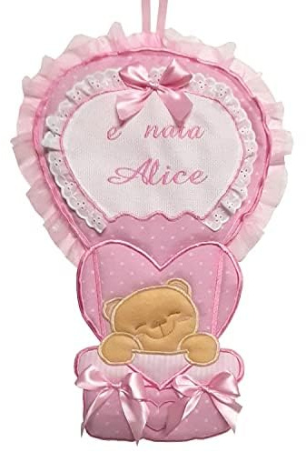 FIOCCO NASCITA COCCARDA MONGOLFIERA CON TELA AIDA PERSONALIZZATO CON IL NOME DELLA TUA BIMBA ROSA Lavorato del tutto a mano