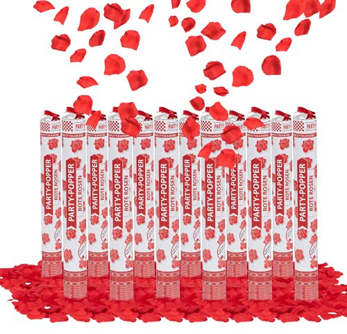 Party Factory – Konfettikanone Rote Rosen Party Popper 12er Set – Partygadgets Konfetti Kanone 40cm mit Schnipseln für Hochzeit, Valentinstag oder JGA – Bis 8m Flughöhe, für Innen & Außen