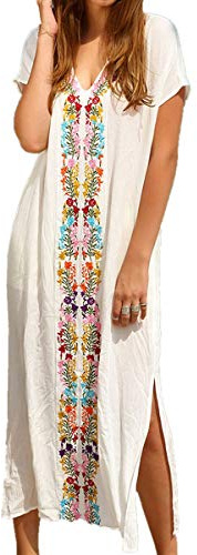 YOUKD Abito Estivo in Cotone Caftano Floreale Ricamato Vestaglia da Spiaggia Boho Allentata Bikini Coprire Il Vestito per Donne