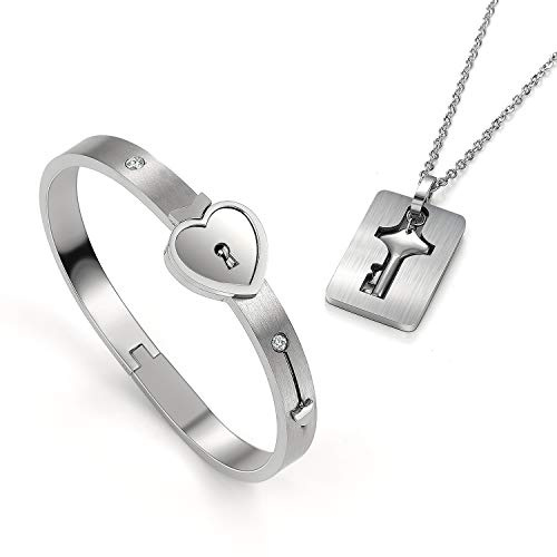 linjinde Juego de 1 pulsera con cerradura y 1 colgante para parejas, acero inoxidable, para hombres y mujeres, para parejas, amistad, BFF, regalo