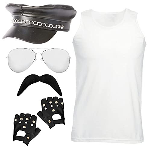 Adults 80s Rockstar Costume - XLarge- White Vest Top + Mirrored Sunglasses + Black Fingerless Gloves + Black Moustache - 1980s Pride Musician Rock Star Fancy Dress Costume
