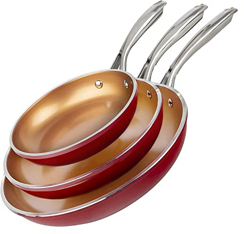 Gotham Steel 3-Piece Nonstick Copper Fry Pans, 8', 10' & 12' - Omelet Pan Set, PFOA Free, Dishwasher Safe, Cool Touch Handle - Red