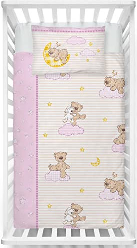 LINKHOFF Teddy Bettwäsche Baby 100x135 Mädchen | Fein Biber Babybettwäsche in Rosa mit Sterne | Kuschelige Winter Kinderbettwäsche Sterne aus 100% Baumwolle