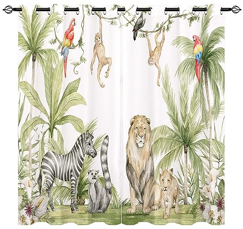 YUANZU Afrikanische Tier Vorhänge Safari Dschungel Löwe Zebra Affen Papageien Palmen Blumen Ösen Gardinen mit Blickdichte Vorhang Blackout Curtain Kinderzimmer Schlafzimmer 2 Stück, H 137 x B 132 cm