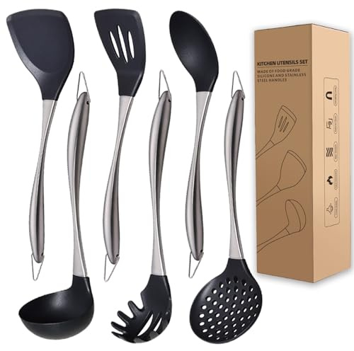 Kitchen Utensils Set, Large Non-stick Silicone Cooking Utensils Set 6 Pcs,Made of 446°F Heat Resistant Food Grade Silicone and Stainless Steel Handles,Easy to Clean Kitchen Gadgets Set (Silver)