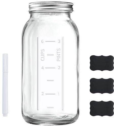 Bocal Mason de 1,8 l à large ouverture avec couvercle, bocal de stockage hermétique en verre transparent robuste et bande de 1,8 l, fermentation, décapage, stockage, lot de 1