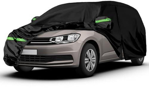 Autoabdeckung Passend für VW Touran 2003-2026, Schwarz Vollgarage | Wasserdichte Autoplane mit Reißverschlusstür und Entlüften für Schnee, Regen, Allwetterschutz