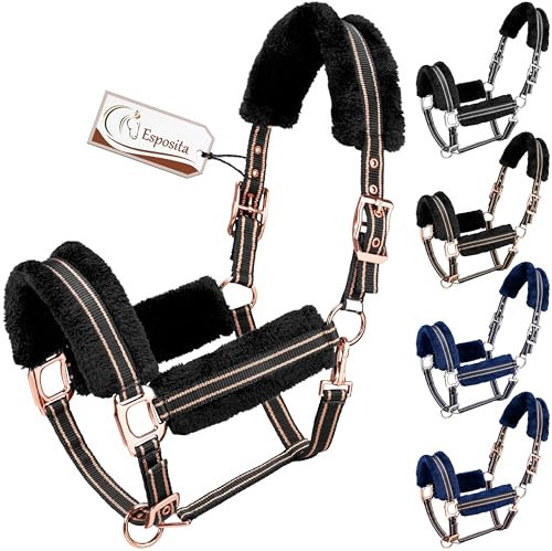 Esposita Halfter Champion Edition Stallhalfter Fellhalfter Flauschhalfter weich unterlegt mit Kunstfell flauschig (Draft/KB, Schwarz/Rosegold)