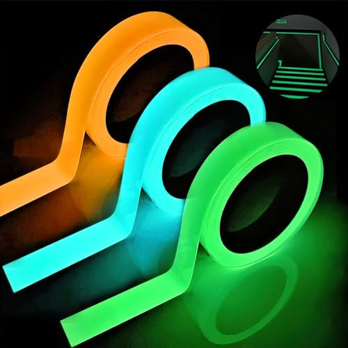 VOSSOT Pack de 3 cintas adhesivas fluorescentes, cinta luminosa, cinta adhesiva luminosa, 10 m x 10 mm, cinta de marcado luminiscente impermeable, cinta de advertencia, autoadhesiva