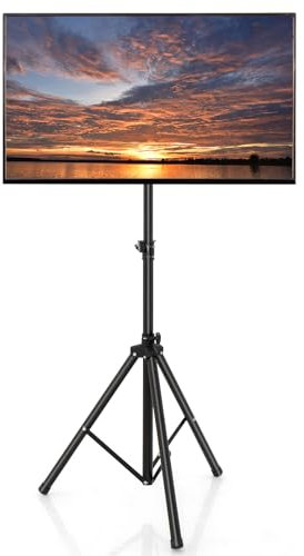 GYMAX Trépied pour Écran Réglable en 5 Hauteur, Support Pliable et Pivotant pour TV 21”-47”, avec Système de Verrouillage & Patins Antidérapant, Charge 35 kg, 140-204CM