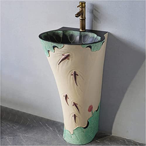 Vanity Unit with Basin,Bathroom Basin Sink with Full Pedestal, Pedestal Bathroom Sink Lotus Pedestal Sink - Resin + Stone Powder Material Hand Carved wash Basin for Indoor and Outd