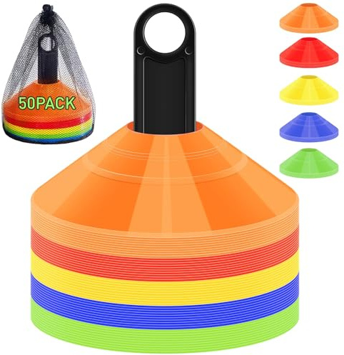 Eidoct Coni da calcio (set da 50) – Coni di marcatore con supporto e set di borsa, perfetti per calcio e sport, coni da allenamento, rugby, coni sportivi, coni da calcio, set di allenamento multisport