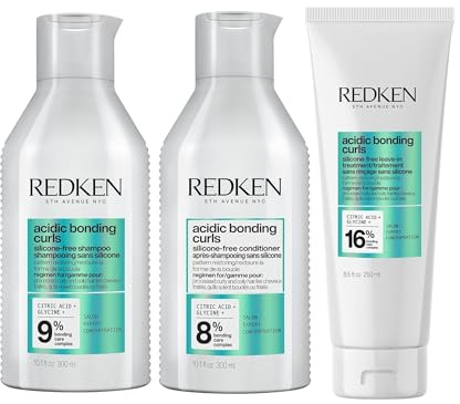 Redken Pflegeset mit Shampoo, Conditioner und Treatment zur Regeneration der Struktur von behandelten, geschädigten Locken, Mit Zitronensäure und Glycin, Silikonfrei, Vegan, Acidic Bonding Curls