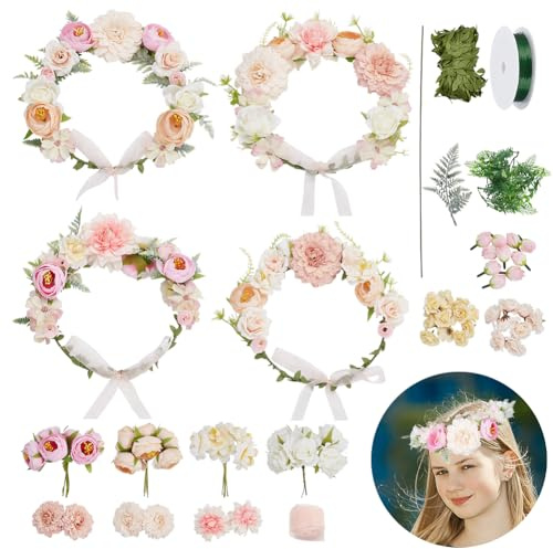 INFUNLY 4 Set Blumenkronen-Bastelset In Rosa Und Gelb, Brautkopfschmuck, DIY-Blumenkronen-Bastelset, Machen Sie Ihren Eigenen Blumenkranz, Damen-/Mädchen-Stirnband, Blumen, Handgefertigte Blumen-Requi