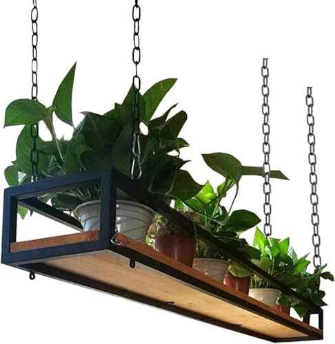 Suixtil Industriell Rustikal hängend Holzregal - Hängekorb aus Eisen mit schwarzer Kette, Indoor-Kette Outdoor Pflanzer Blumentopf Display Stand für Garten Balkon Bar Dekoration(60 * 25 * 15Cm)