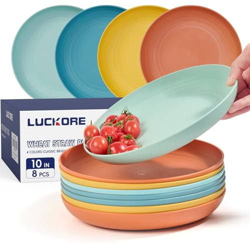 Luckore 10 inch Deep Dinner Plates Set of 8 Wheat Straw Plates, Unbreakable Dinner Dishes Alternative for Plastic Microwave and Dishwasher Safe for Kitchen with 4 Colors Classic Bright