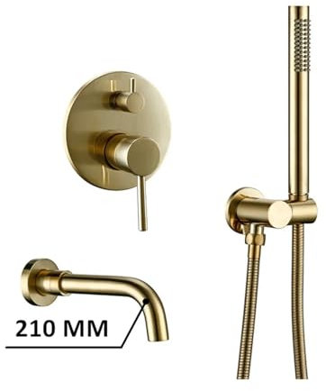 Juego de Grifo de ducha de baño con soporte de válvula desviadora de ducha de mano, caño de montaje en pared de latón, mezclador de bañera, mango Dual(210 MM burnish Gold)
