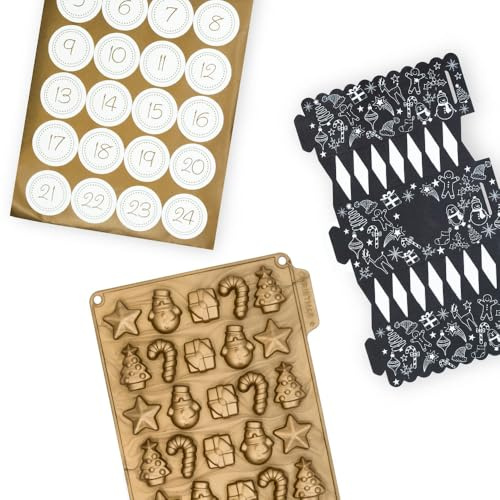 CÉCOA • Kit calendrier de l'avent-Moule à chocolats et 24 crakers • 100% Silicone • Moule à Chocolat Noël • Haute Qualité • Anti-Adhésif • Sans BPA • Cuisson Parfaite et Démoulage Facile