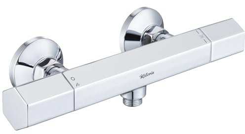 kelleria Rubinetto per doccia con termostato, miscelatore per doccia, termostato, termostato, doccia con pulsante di sicurezza a 38 °C, valvola di protezione contro scottature, ottone, cromato